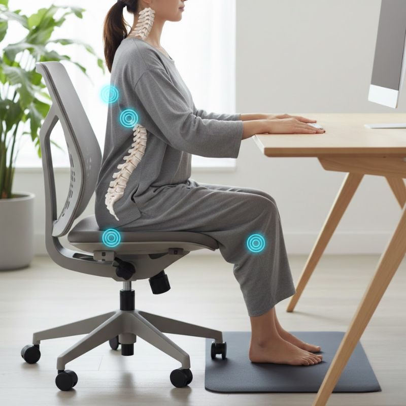 Side profile diagram showing neutral seated posture at a computer workstation